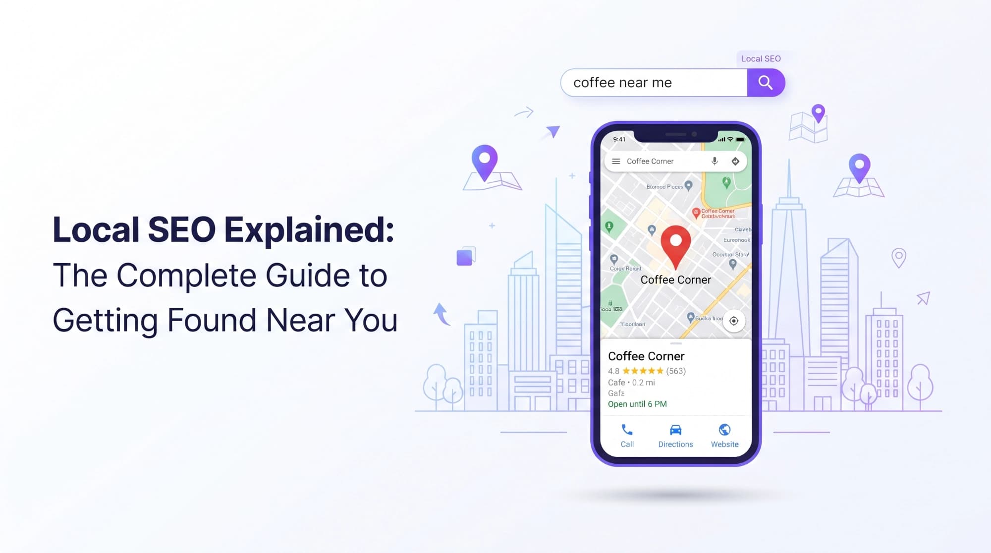 Illustration of a smartphone showing a local search result with a map pin, business listing, and star reviews, representing local SEO and Google Maps visibility