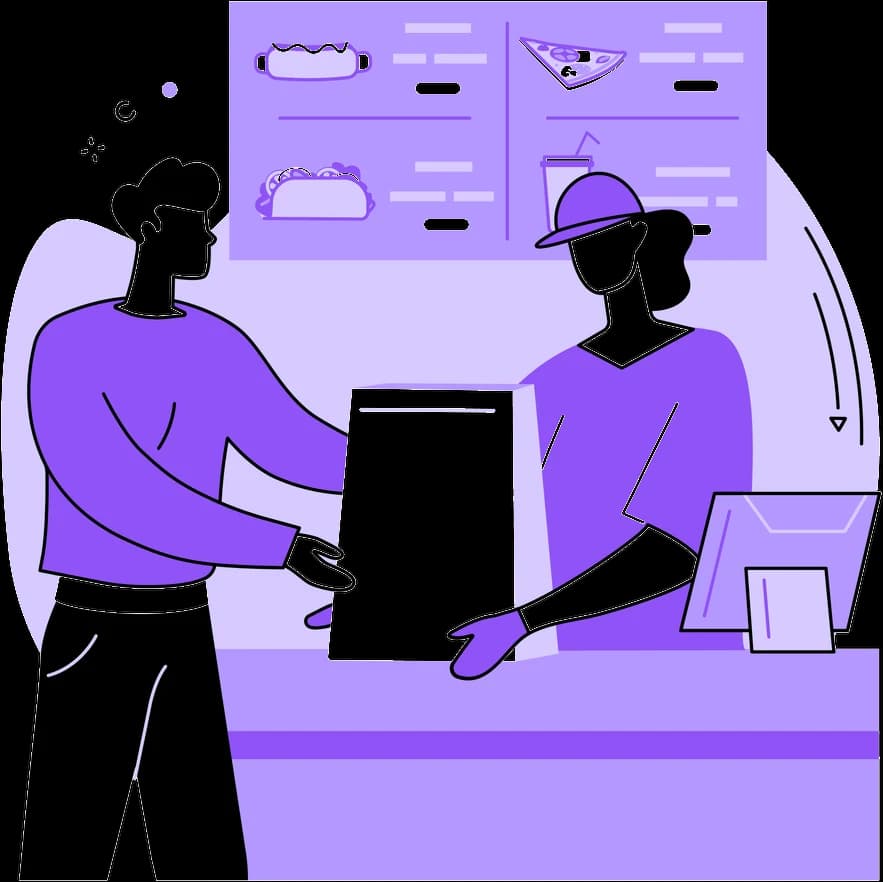 Restaurant cashier handing a takeaway order to a customer at the counter